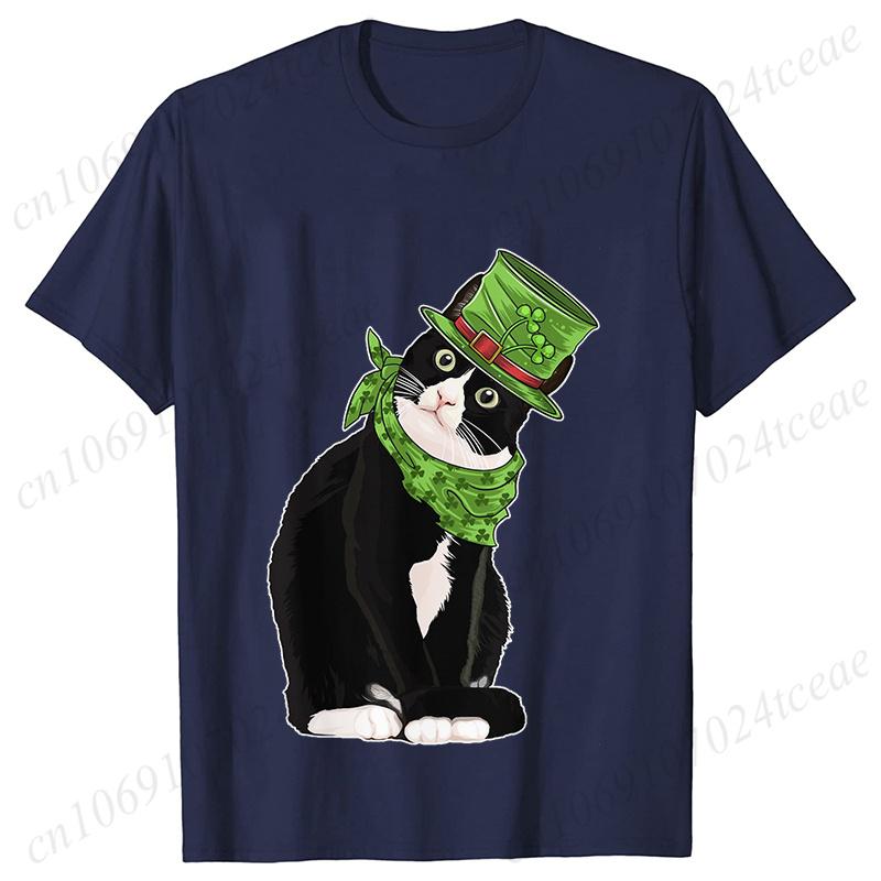 

St Patrick s Day Print T-shirt Unisex Summer Short Sleeve T-shirts Cut Black Cat with Leprechaun Hat Funny Irish Fashion Tee Tops S