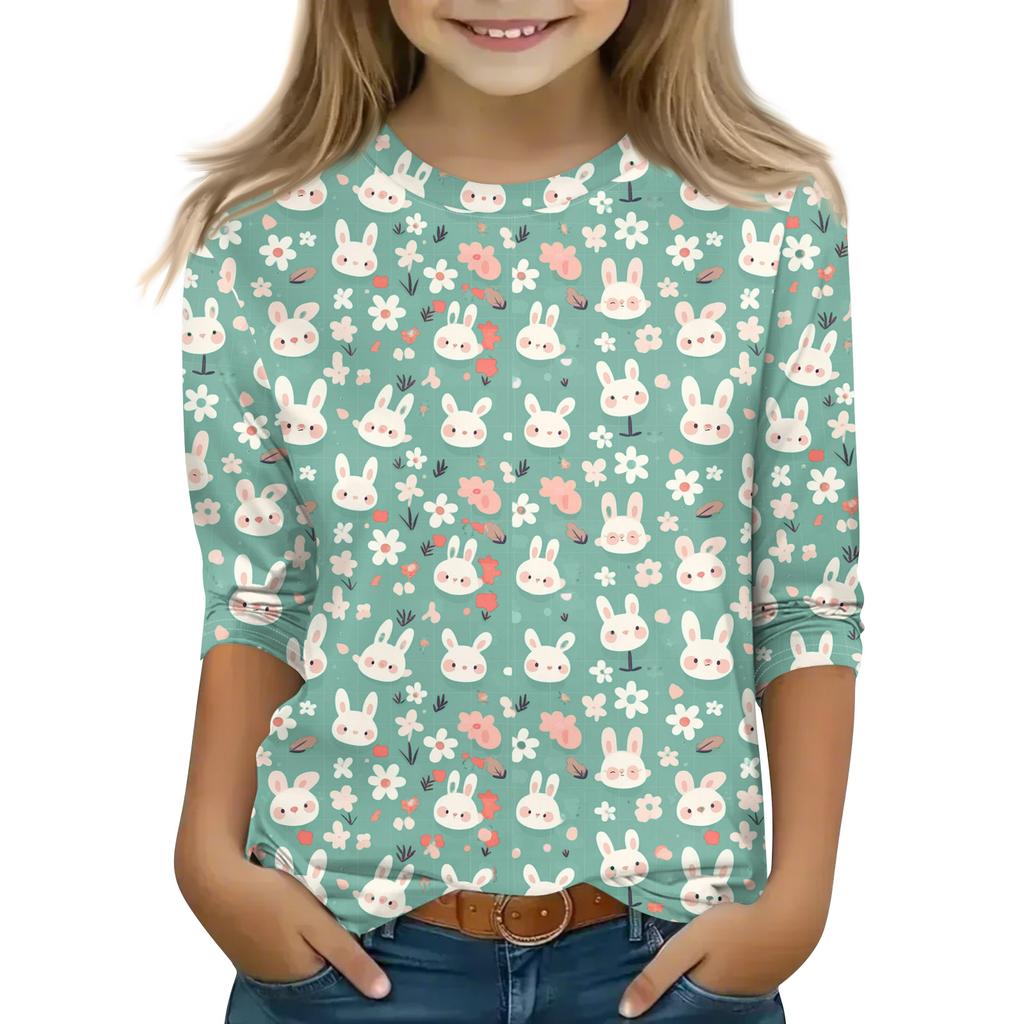 Print Tops For Youth Girls Round Neck 3/4 Sleeves T-Shirts Trendy Tops Outfit Tees