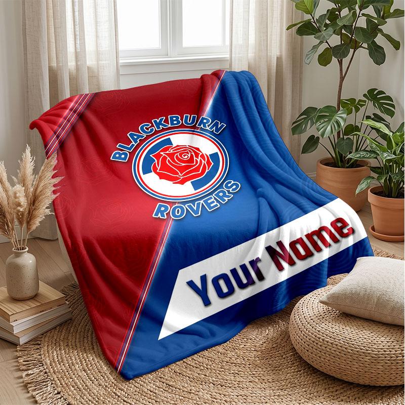 Blackburn Rovers Football Custom Name Text Flannel Blanket Soccer Logo Personalized Fleece Throw Blanket Special Gift For Sofa Bedroom Home