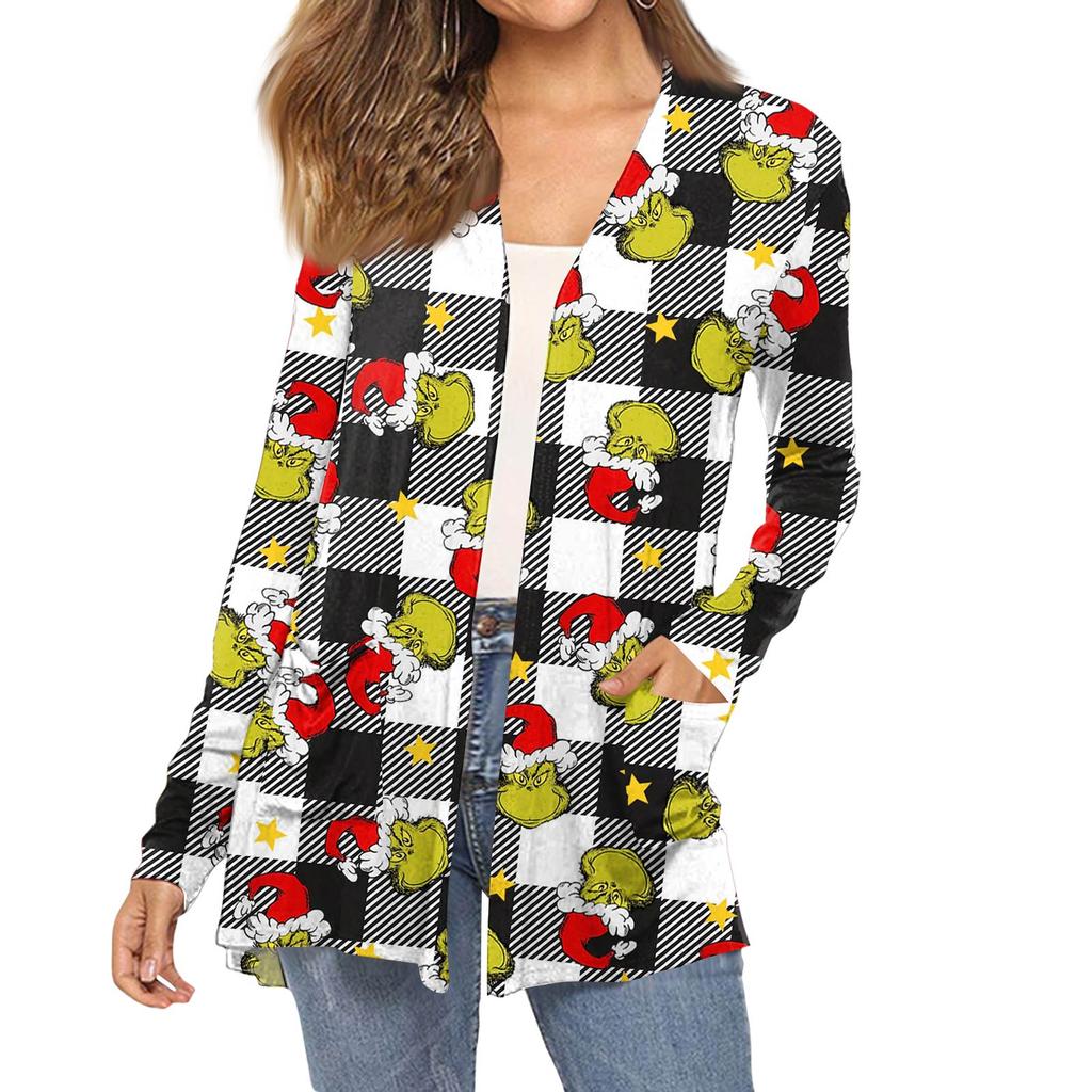 Dámský módní vánoční potisk dlouhý rukáv kapsy slim fit kardigan kabát