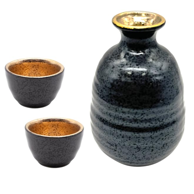 Mino Ware Jug and Cup Half Sake Black Made in Product Number "Gold Glaze" Set, Set, Glaze/Gold Finish, 1.5-cup Set, Tableware, Gift, Father's Day,