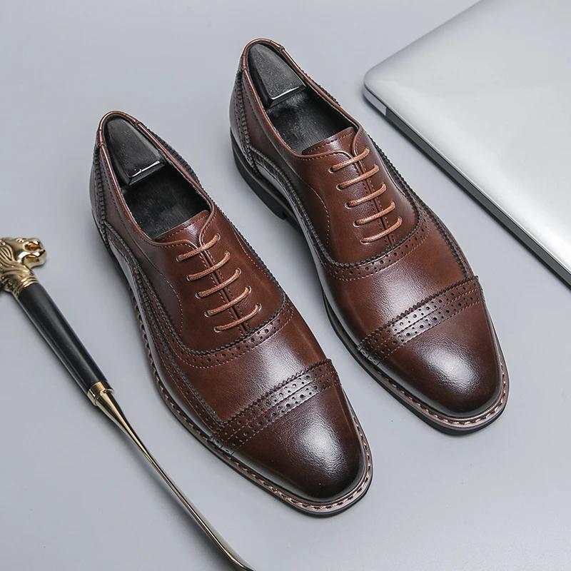 

Модные коричневые туфли дерби для мужчин, черные на шнуровке с квадратным носком, деловые мужские туфли для свадьбы, ручная работа 46 коричневый