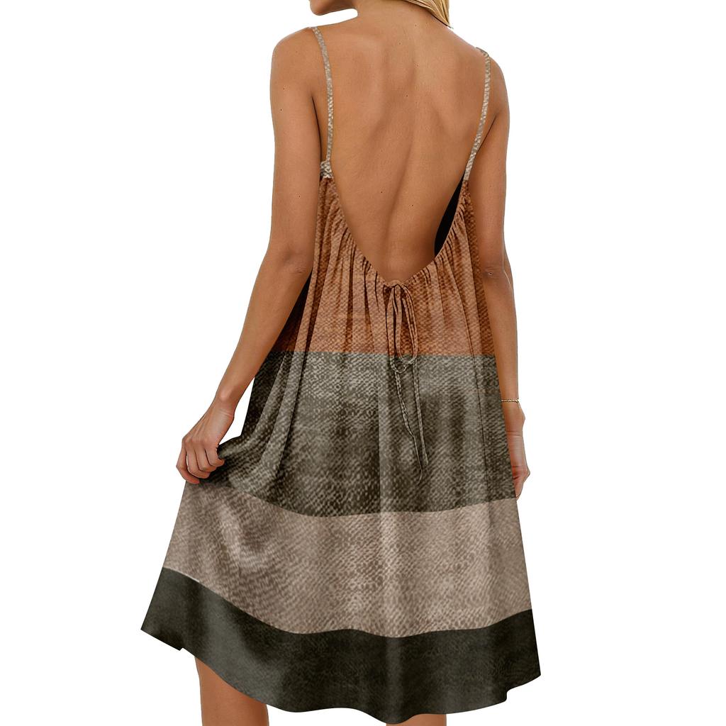 Damen-Rückenfreies Spaghettiträger-Kleid, Ärmelloses Dünn-Träger-Fließendes Strandurlaub-Kurzkleid, Mit Rückenband.