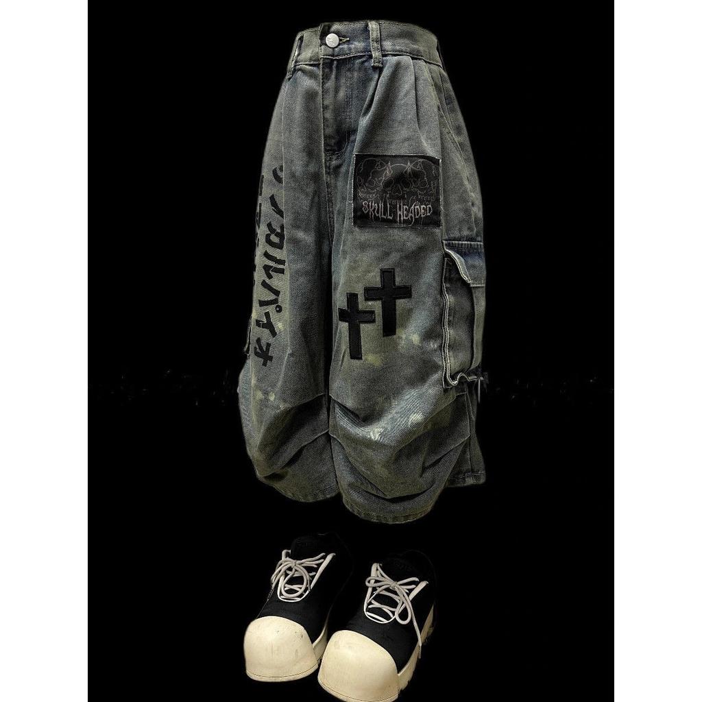 STREETRICH Summer Women Goblin Core Cross Denim Jorts Shorts Y2k Calf-Length Jean Pants Trashy Y2K Abi Japanese Cyber Punk Grunge Unisex