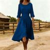 Women’s Casual Long Sleeve Crew Neck Dress with Waist Design Cotton Linen Material Relaxed Fit Midi Length for Everyday Wear