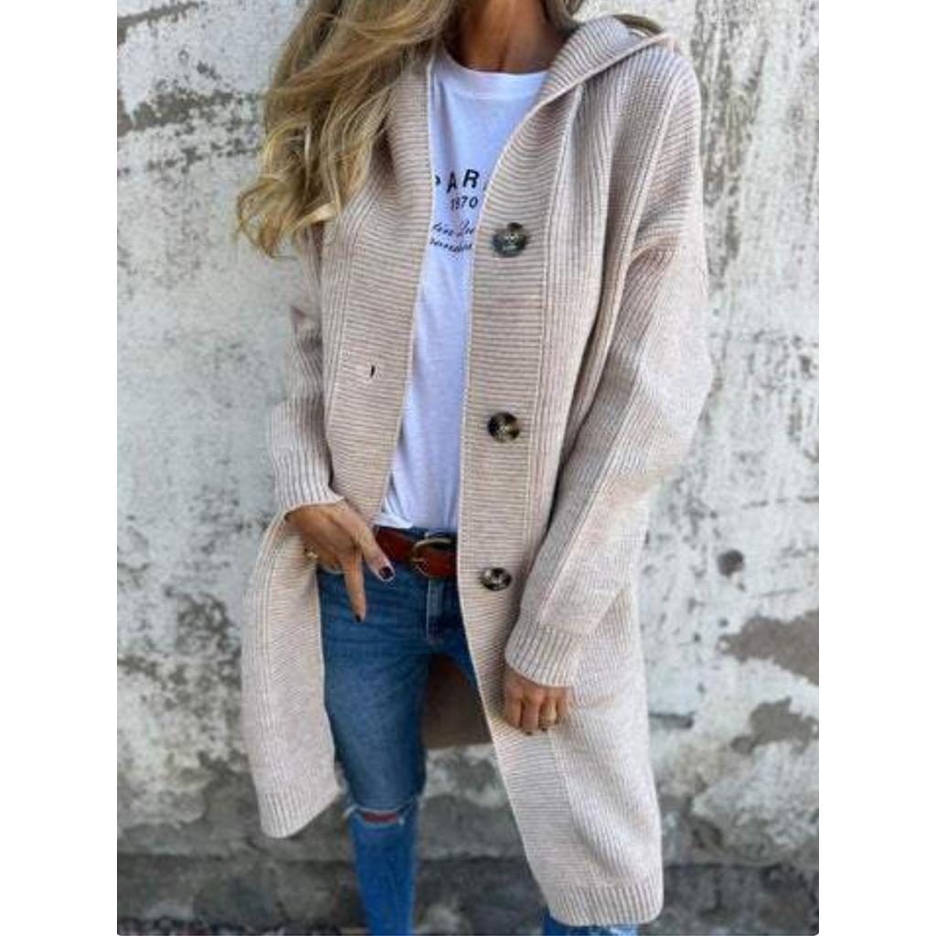 Cardigans - Women's Fall Winter Long Hooded Cardigan Sweater, Button Down Knit Outerwear Coat With Pockets, Fashion Casual Outerwear Women