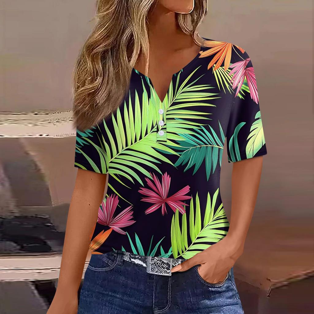 Women's T Shirt Print Button Short Sleeve Daily Weekend Fashion Basic V- Neck Regular Top