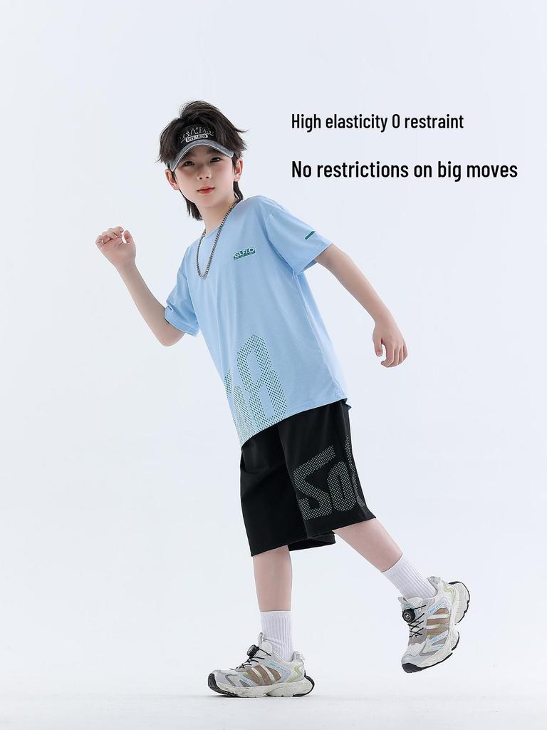 Boys' Ice Silk Summer 2026 Two-Piece Set: Short Sleeve T-shirt & Shorts for Middle and Older Children - Thin Style Sportswear.