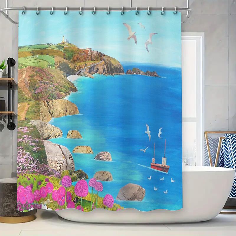 Ocean Landscape Shower Curtain Coastal Sea View Decor Bathroom Fabric Backdrop Artistic Wall Hanging Home Decor