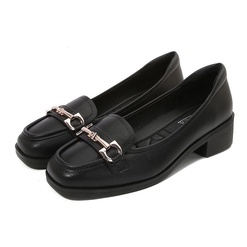 Women's 2026 New Style Black Leather Loafers - Soft Sole, Comfortable, Low-Cut Chunky Heel, Square Toe, Spring/Autumn.