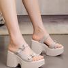 Super High Heel Muffin Wedge Heel Thick Sole One-word Slippers Women's 2025 Summer Outer Wear High-end Bow Thick Heel Sandals