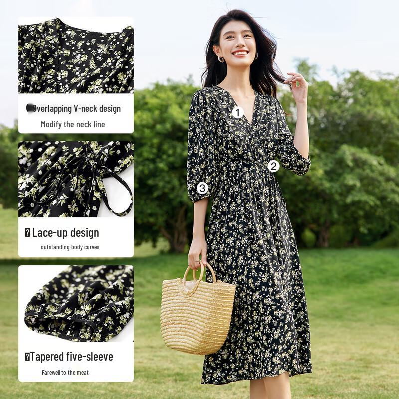 Shangdu Bila Floral V-Neck A-Line Chiffon Midi Dress