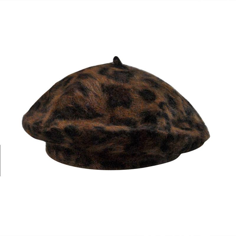 

Bunny Fur Leopard Print Beret Hat For Women Warm Winter Fashion Accessory коричневий
