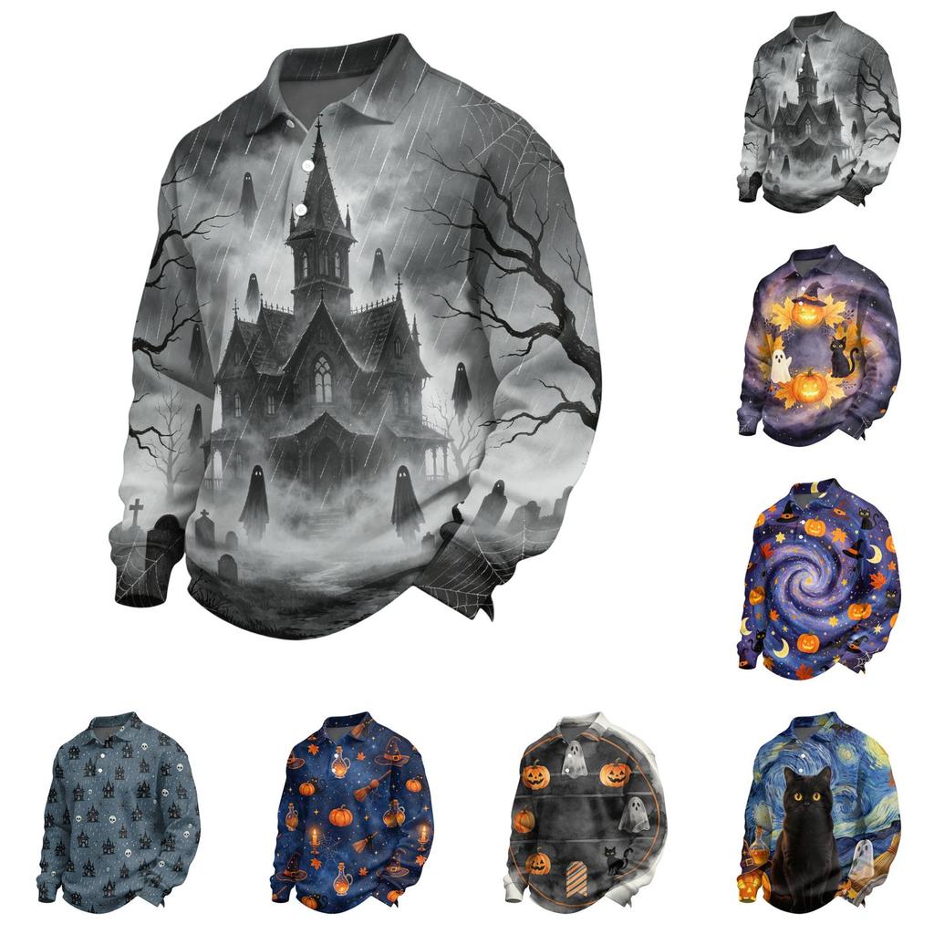 Men's Halloween Long Sleeve Button Up Shirt for Party and Casual Wear