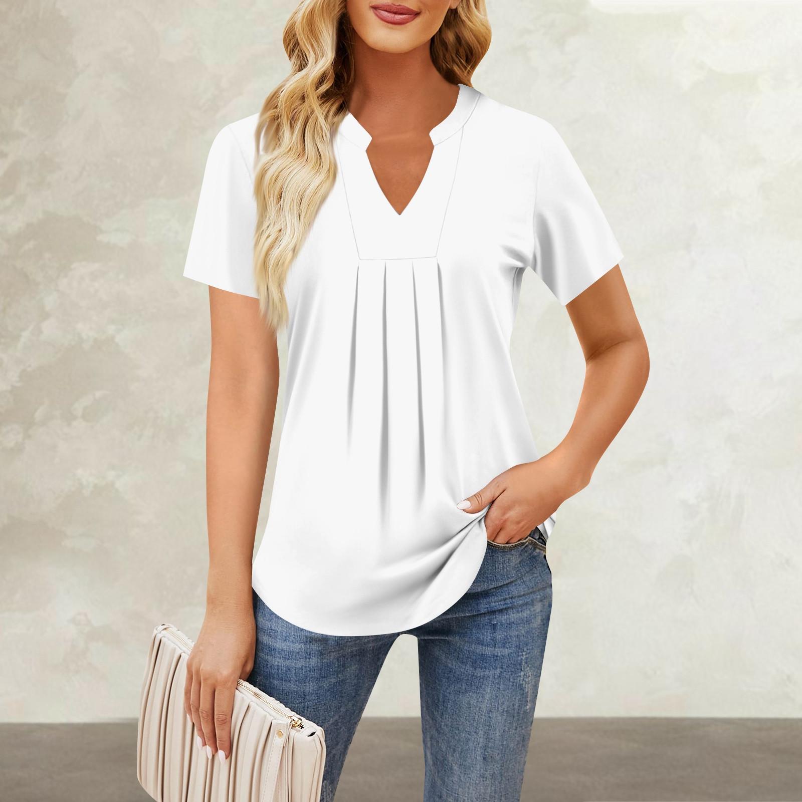 Женская повседневная свободная футболка с коротким рукавом и v-образным вырезом на груди — фото 16