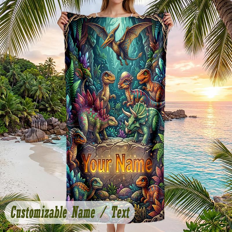 Dinosaur Theme Beach Towel Personalized Custom Name & Text Soft Quick Dry Beach Towel for Swimming Travel