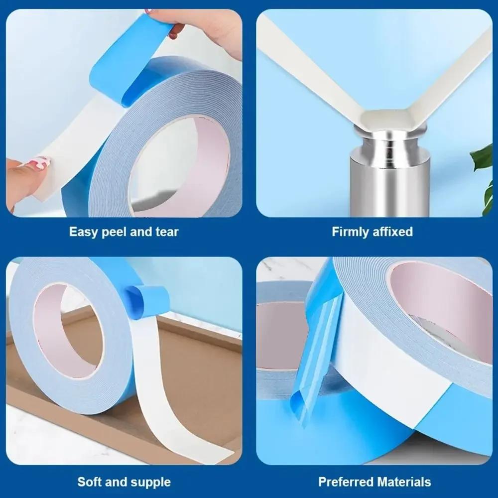 10Meters/Roll Blue Film White Double Sided Tape Sponge Strip 10-30mm Width Multifunctional PE Foam Strong Self Adhesive Tape