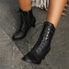 Vintage Lederstiefel Damen Britische Stiefel Dicke Ferse Kurze Stiefel Mittlere Wade Fußgewölbe-Stützstiefel Für Damen Hoher Absatz Große Größe