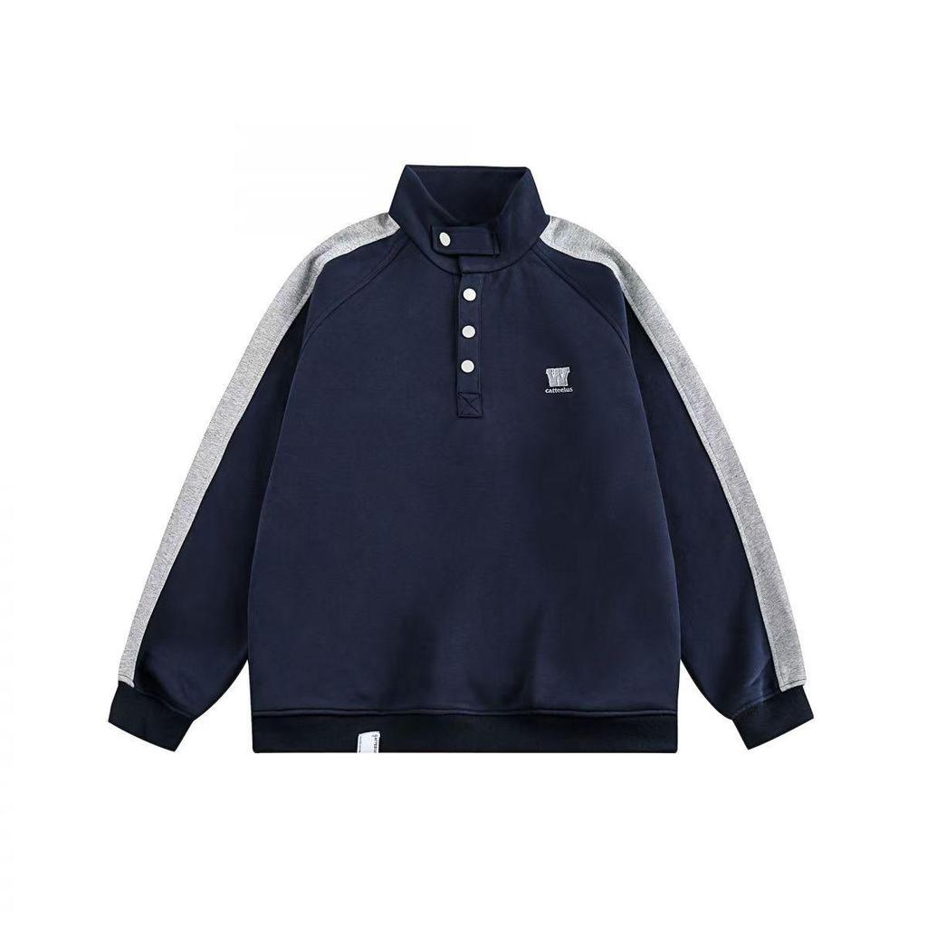 Spring/Autumn 2026 Japanese Style Patchwork Stand Collar Hoodie - Men's Trendy American Retro Casual Loose Pullover Top