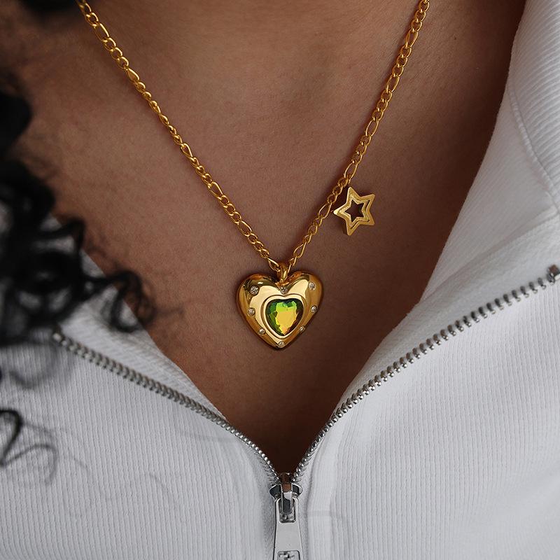 

Кулон Сердце из Градиентного Стекла и Камня, Ожерелье из Титановой Стали для Женщин - Цепочка для Ключиц, Невыцветающая Модная Бижутерия