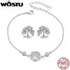 WOSTU Tree of Life Chain Link Bracelets Stud Earrings For Women 925 Sterling Silver AAA Zircon Bracelet Family Jewelry Set Gift