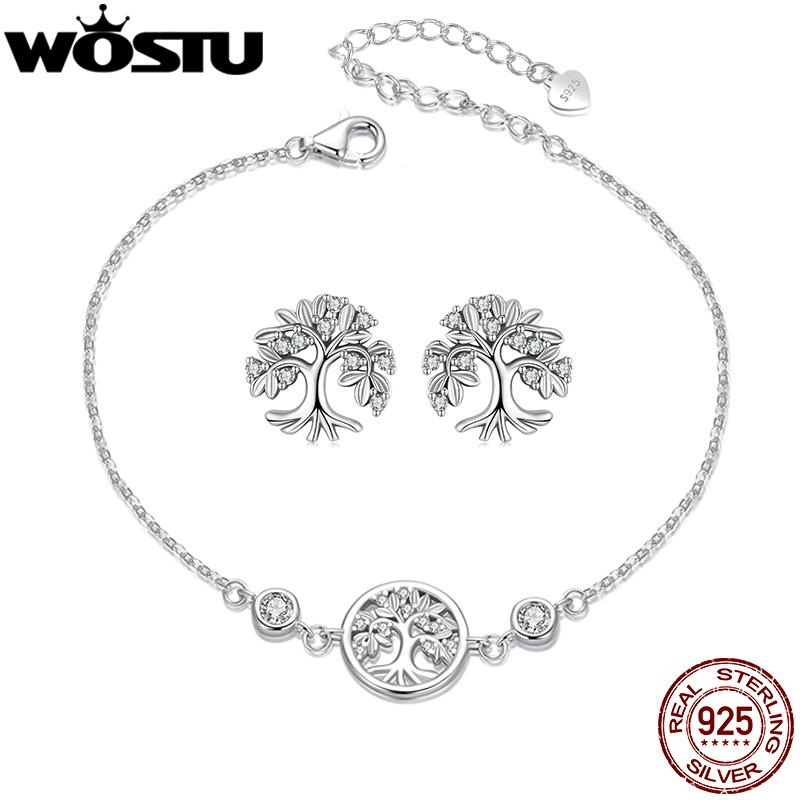 WOSTU Tree of Life Chain Link Bracelets Stud Earrings For Women 925 Sterling Silver AAA Zircon Bracelet Family Jewelry Set Gift