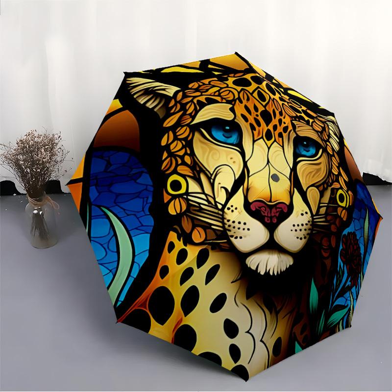 1pc Cheetah StainedGlass Automatic Open/Close Umbrella, Windproof, Folding Compact Umbrella with Lightweight Design for Women/Men046