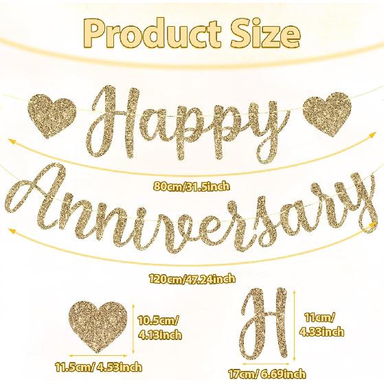 Happy Anniversary Banner, Glitter Happy Anniversary Decorations No DIY Anniversarys Decor Gold Glitter Bannersfor Wedding Anniversarys Party