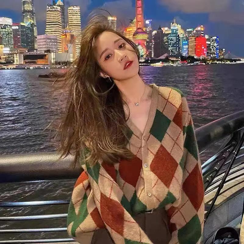 Sweet Preppy Style Sping Autumn New Sweaters Coats Women V-Neck Lingge Contrast Color Button Long Sleeve Cardigan Knitted Tops