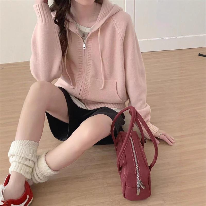 Drawstring Hooded Sweater Jacket Women's Autumn and Winter New Lazy Style Knitted Cardigan College Style Sweater