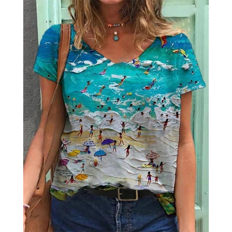 New Flower Floral 3D Print T-shirt Women V-Neck Short Sleeve Tees Y2k Tops Streetwear Harajuku Oversized T Shirts Woman Clothing