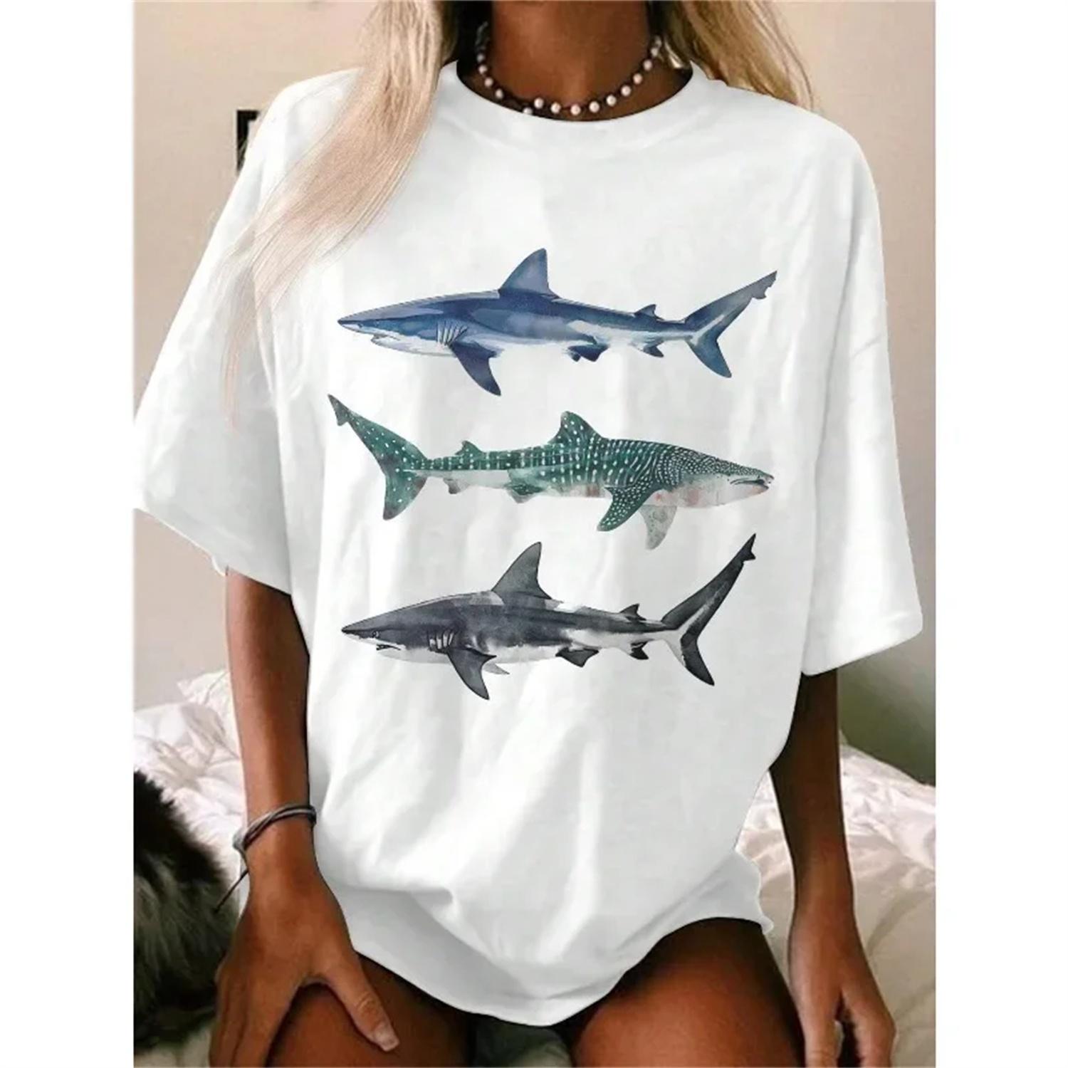 Cotton Women s T-Shirt Casual Simple Fish Pattern Design Trendy Round Neck Printed Short Sleeve oversized t shirt S