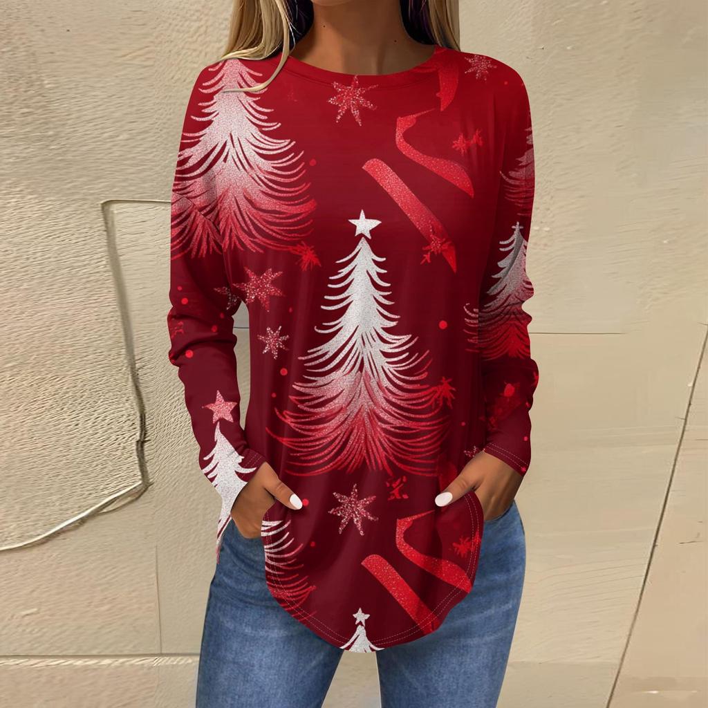 3D Gradient Color Christmas Tree Print Round Neck Long-sleeved T-shirt Casual Long-sleeved Top