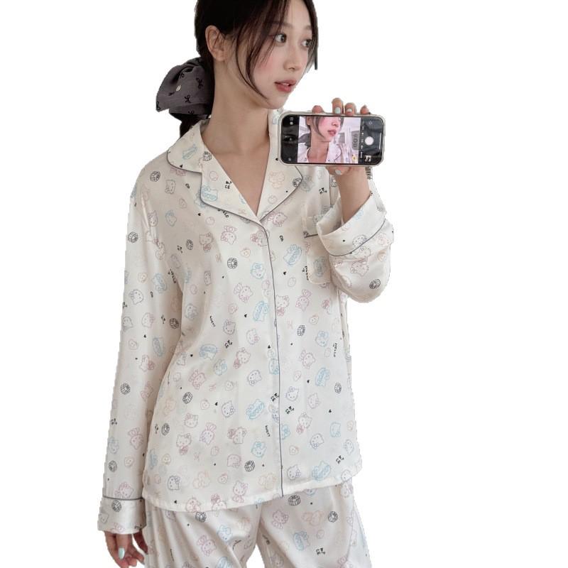 2025 Cute Korean-Style Cartoon Pajamas for Women - Long Sleeve & Pants - Autumn/Spring Homewear