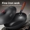 Hand-forged Cast Iron Wok Pan with Lid Wooden Handle Titanium Iron Pot Non Stick Kitchen Cooking Tools Chinese Wok All Stoves