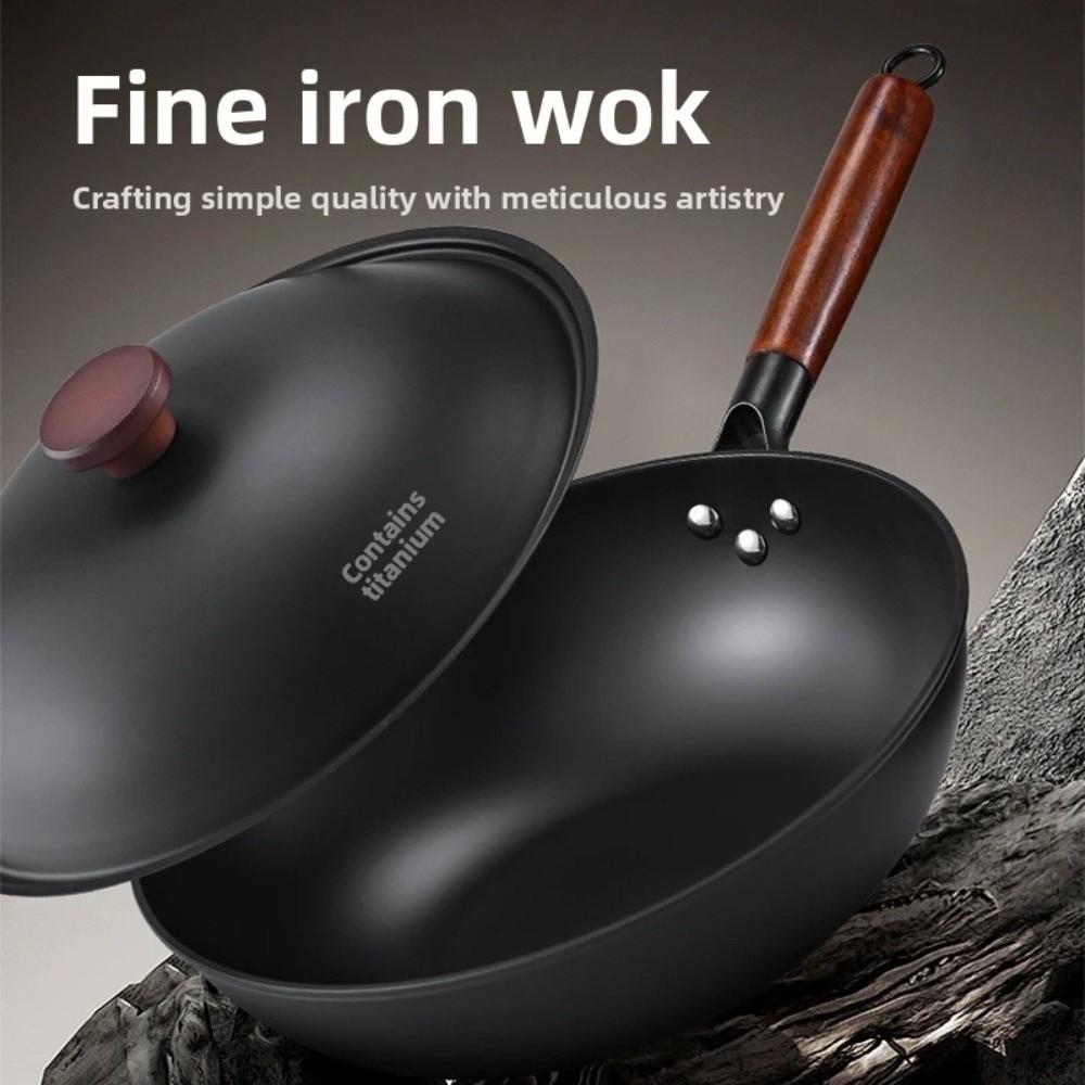 Hand-forged Cast Iron Wok Pan with Lid Wooden Handle Titanium Iron Pot Non Stick Kitchen Cooking Tools Chinese Wok All Stoves