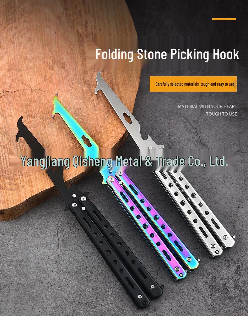 Unsharpened Stainless Steel Folding Knife with Multi-Tool Stone Hook for Tire Cleaning and Digging