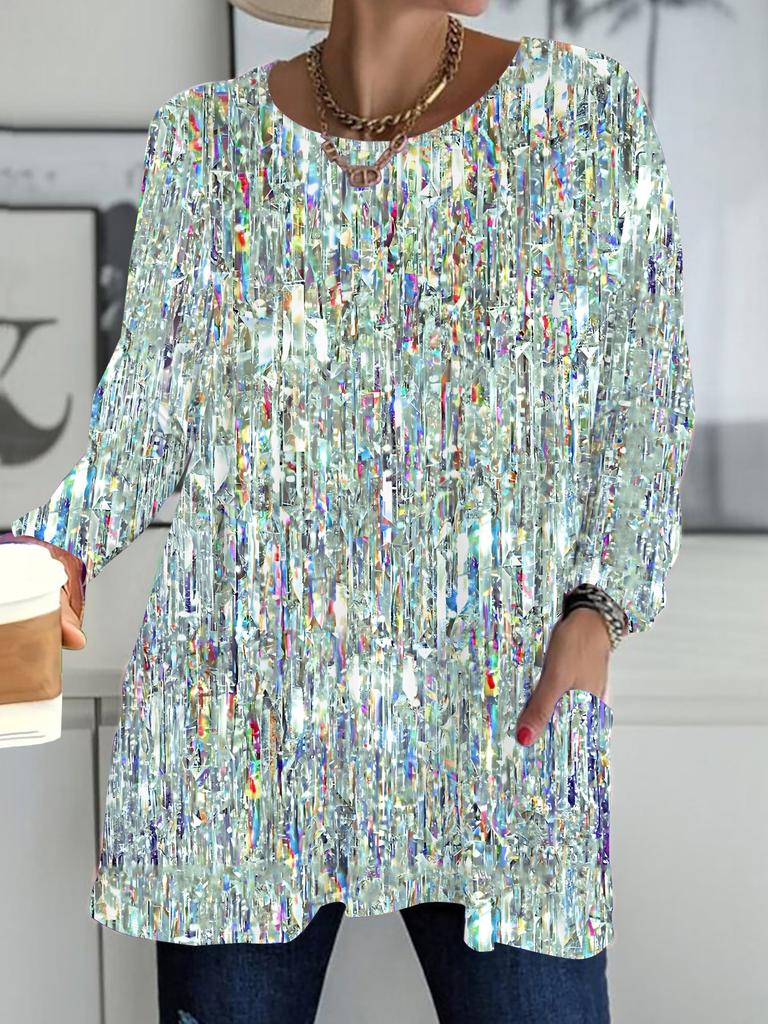 2025 Autumn Winter New Plus Size Women's Tops, Flash Diamond 3D Print Fashion Crew Neck Long Sleeve T-Shirts