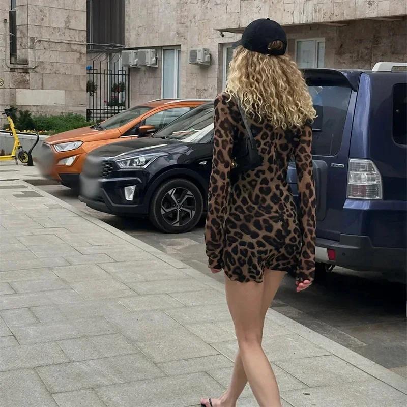 Leopard Print Mini Dress Women Spring Summer Long Sleeve Slim O-neck Hip Package Dresses Fashion Vintage Party Robe
