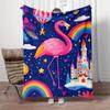 Pink Flamingo Rainbow Castle Hot Air Balloon Night Sky Stars Fleece Blanket Whimsical Fantasy Design Soft Flannel Throw KidsRoom