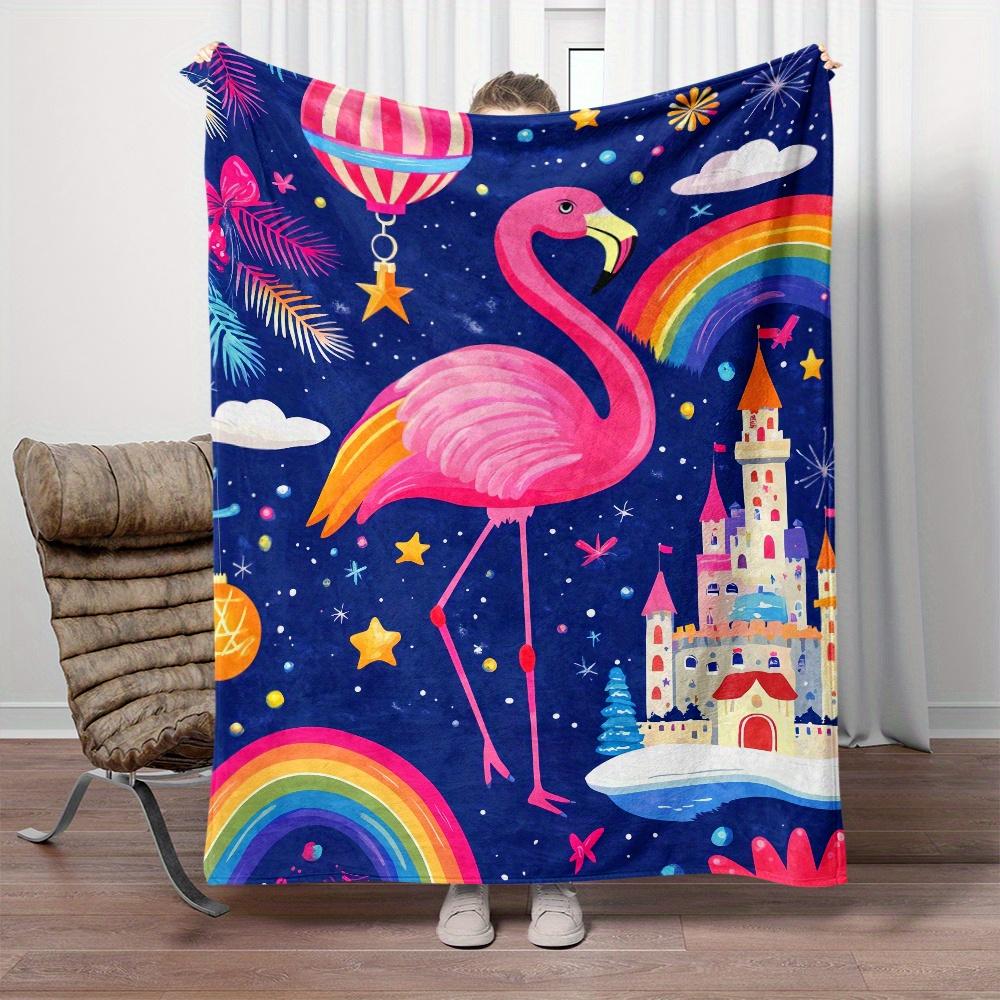 Pink Flamingo Rainbow Castle Hot Air Balloon Night Sky Stars Fleece Blanket Whimsical Fantasy Design Soft Flannel Throw KidsRoom