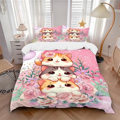 3pcs Three Cute Cats Ideas Bedding Set  Comfortable Bedding with Stylish Design for Bedroom,  Perfect for All Seasons.N093