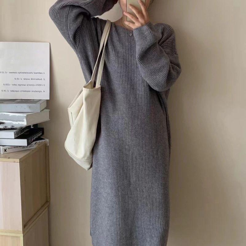 One-word shoulder thin medium and long sweater skirt women's autumn and winter new loose inner knitted dress women