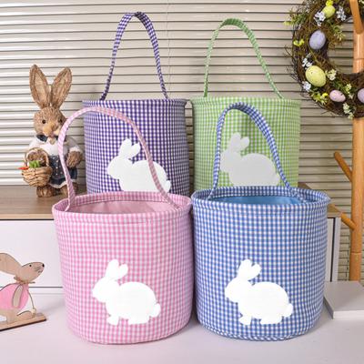 Easter Bunny Basket Plaid Gingham Easter Bucket with Handle Cute Egg Hunting Tote Bag for Candy Gifts Storage Party Supplies