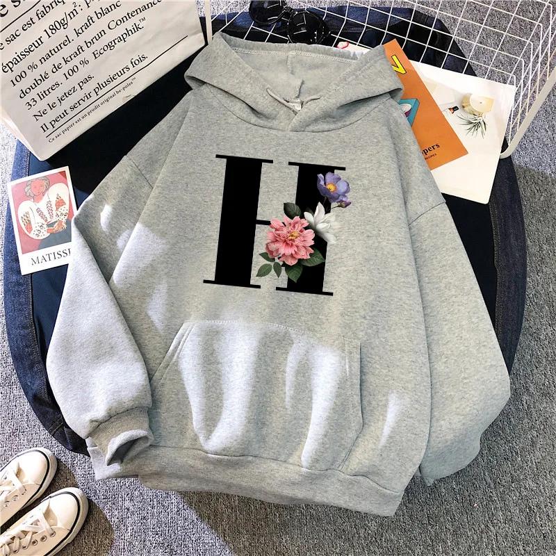 New in Womens Hoodies Casual Letters A-Z Printed Sweatshirts Sportswear Outdoors Sports Jogging Woman Clothing Running Grey Tops
