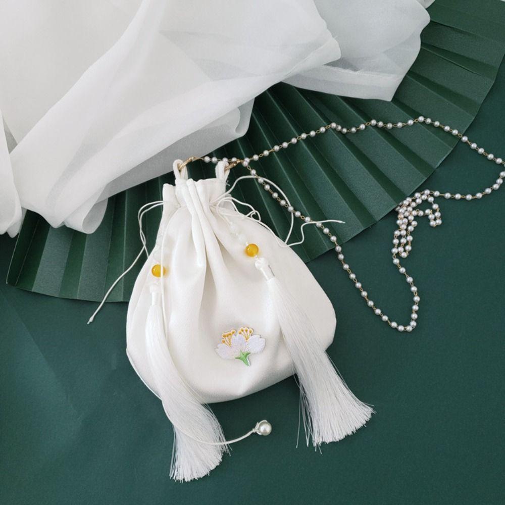 Tassel Embroidery Flower Handbag Chinese Style Floral Bucket Bag Hanfu Silk Drawstring Bag  Travel