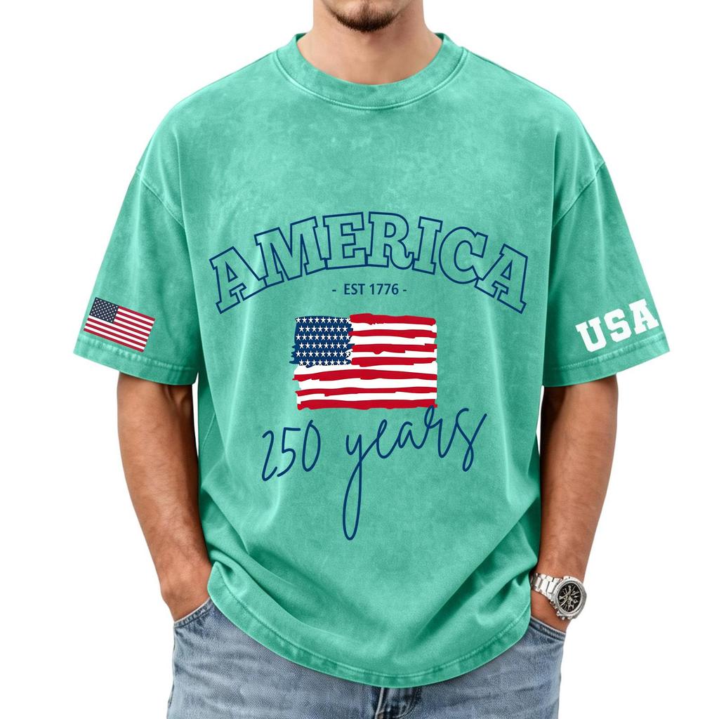 Herren lockeres und lässiges T-Shirt mit Flaggen-Buchstaben-Print - Trendiges gewaschenes kurzärmeliges Oberteil für Herren