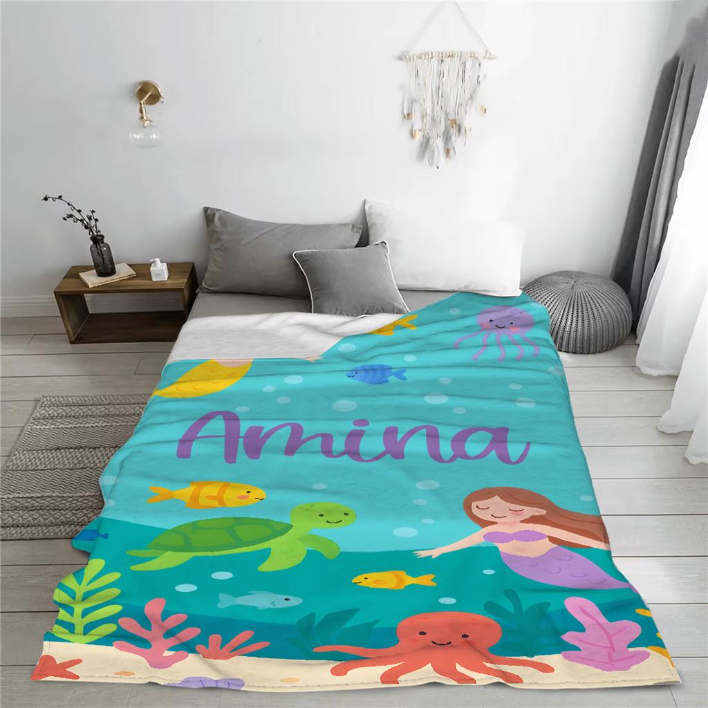 1PC Cartoon Blanket Custom Name Personalized Flannel Baby Blanket For Sofa Soft Birthday Gift Customized Blankets For Girls Boys