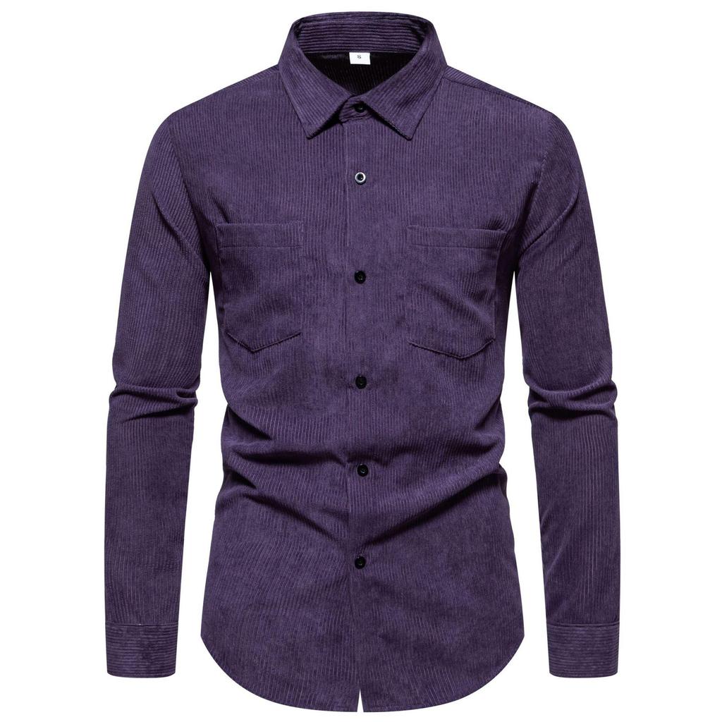 Men's Retro Solid Color Shirts Long Sleeve Shirt Jacket Casual Business Shirt for Men Lightweight Work Corduroy Lapel Shirts