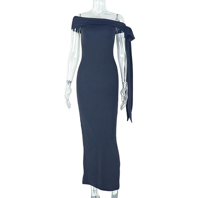 European and American Style Slim-fitting Elegant One-step Skirt One-word Collar Tube Top Lace-up Dress Fashionable Solid Color Women's Banquet Dress